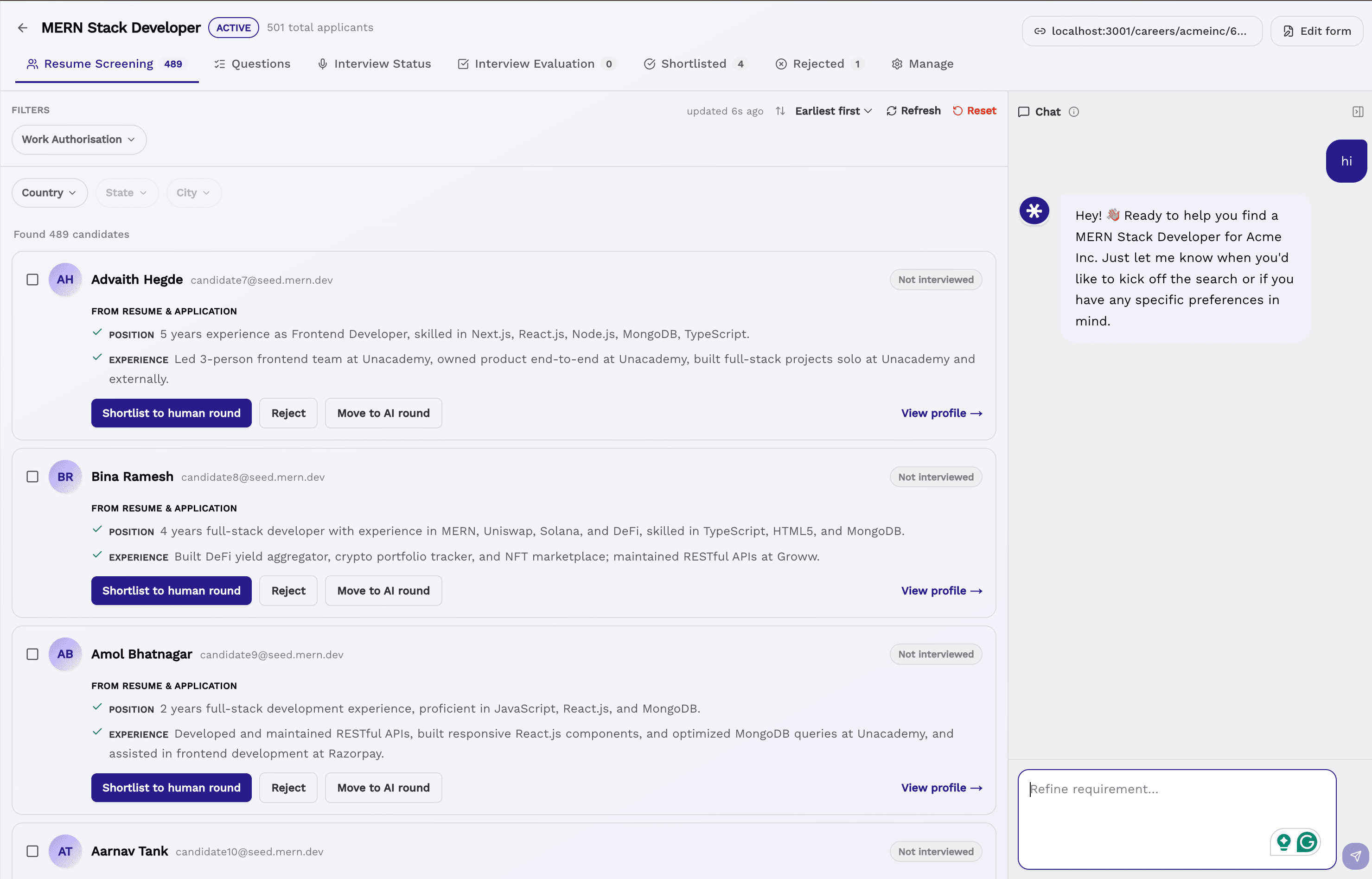 NoHunt resume screening dashboard